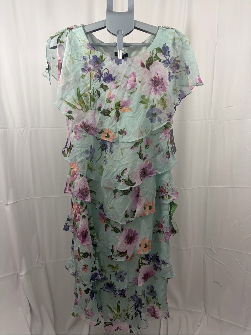 NWT SLNY Women’s Size 10 Floral Tiered Ruffle Midi Dress in Pastel Mint